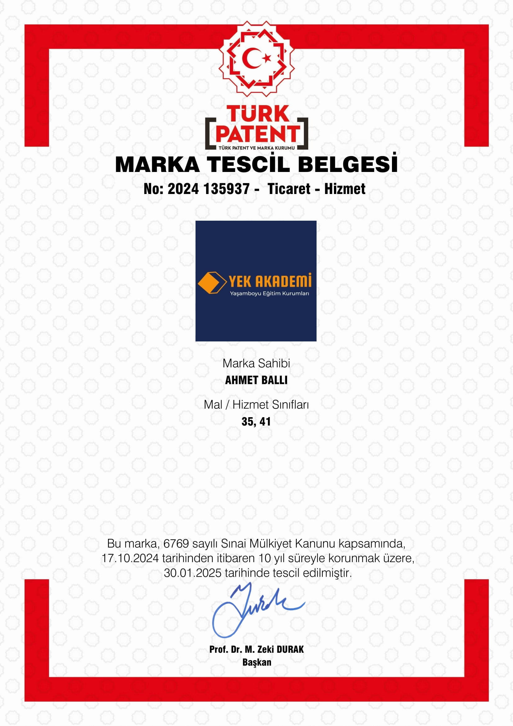 Türk Patent ve Marka Kurumu tarafından düzenlenen 2024 135937 numaralı YEK Akademi marka tescil belgesi